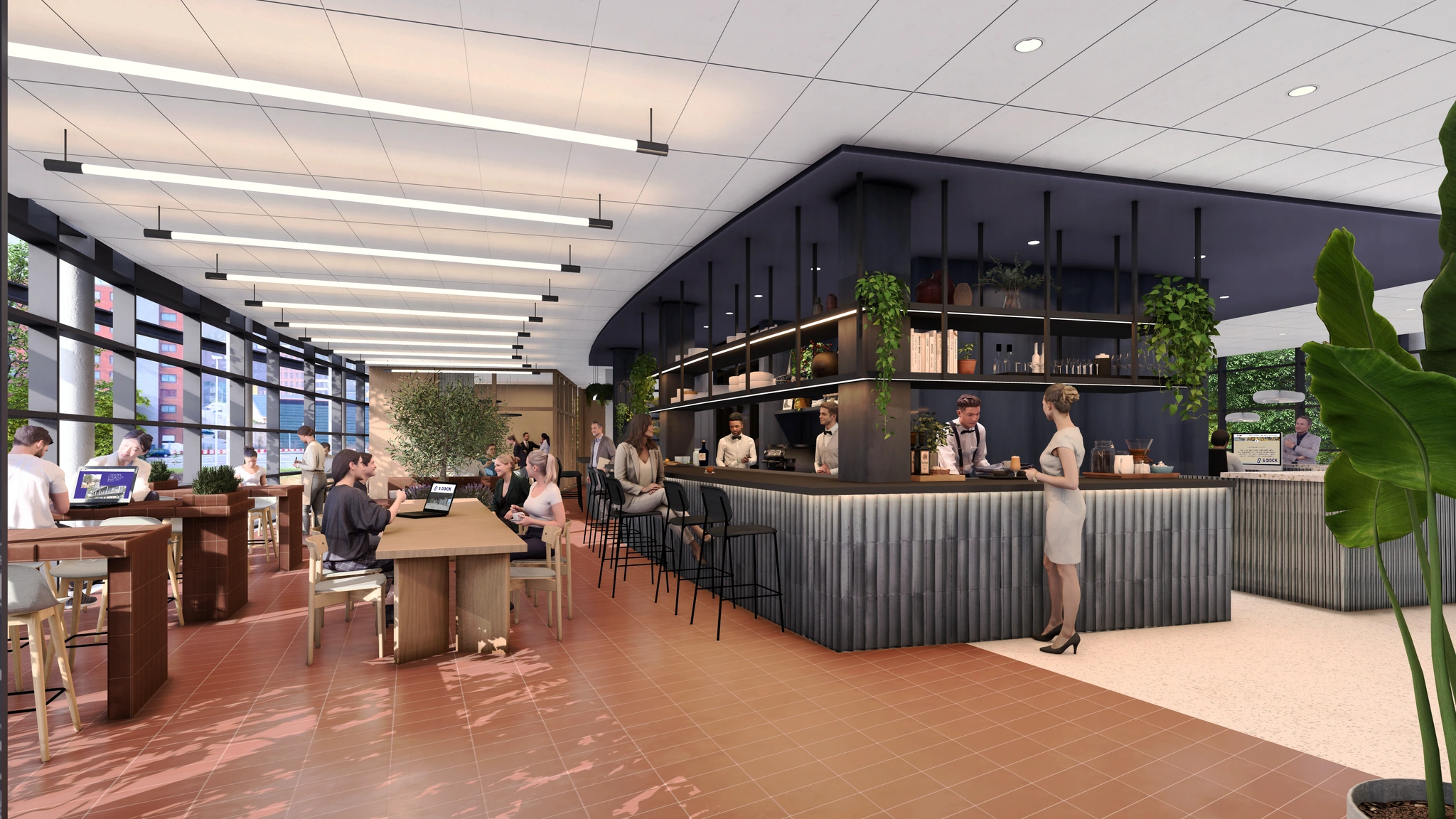 Moderne horecaruimte aan de Karel Doormanweg met een centraal barmeubel, zithoeken en werkplekken in een lichte, open setting.